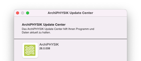 ArchiPHYSIK Update Center mit Hinweis auf verfügbare Version