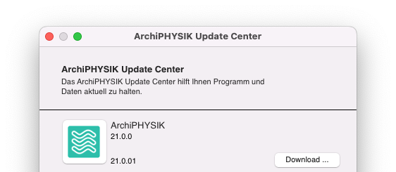 ArchiPHYSIK Update Center mit Hinweis auf verfügbare Version