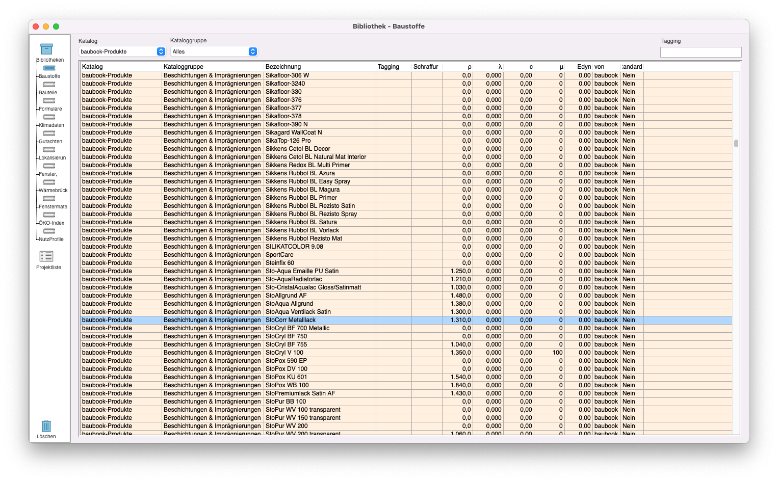UI der Materialliste in Bibliothek