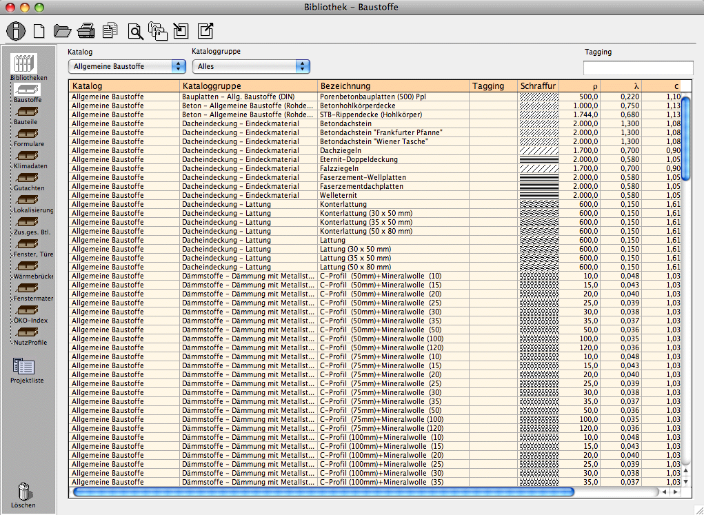 UI der Materialliste in Bibliothek