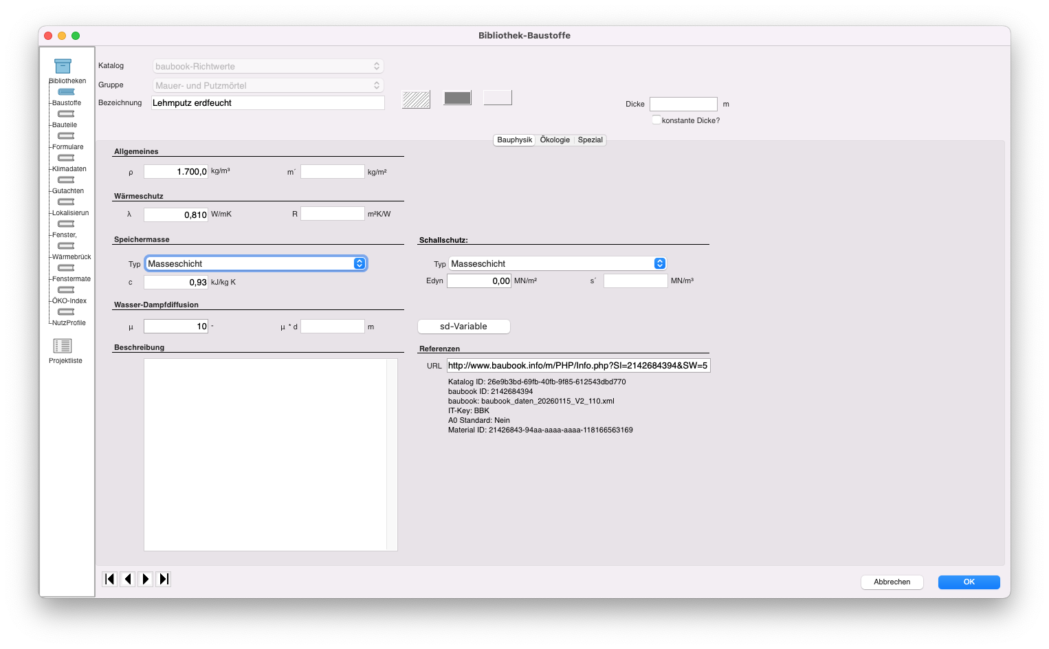 UI eines neuen Materials in der Bibliothek
